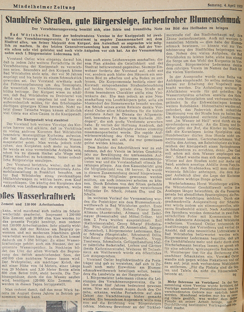Mindelheimer Zeitung 04.04.1953 Staubfreie Srtraßen, gute Bürgersteige, farbenfroher Blumenschmuck