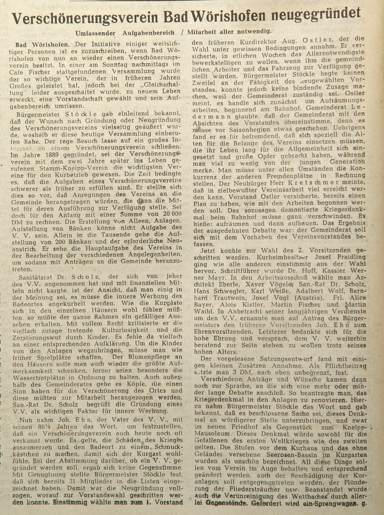 Mindelheimer Zeitung: Verschönerungsverein Bad Wörishofen neugegründet