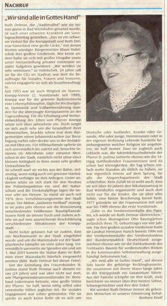 Nachruf Ruth Detmar 1