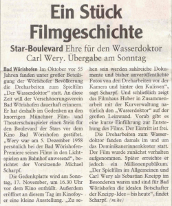 Mindelheimer Zeitung: 16.11.2013: (zum "Wasserdoktor"): Ein Stück Filmgeschichte