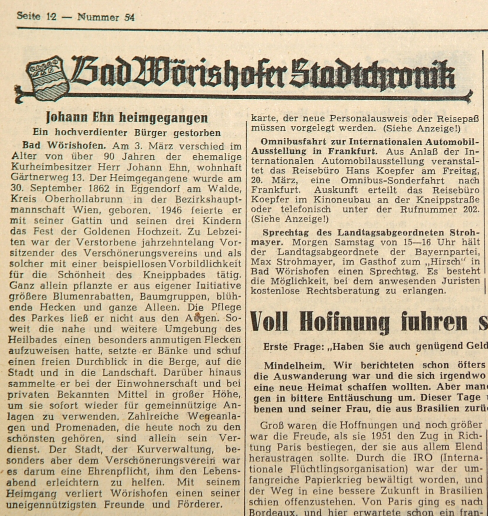 Bad Wörishofer Stadtchronik: Johann Ehn heimgegangen 