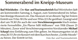 Wochenkurier / 04.08.22: Sommerabend im Kneipp-Museum - Filmvorführung "Ein Pfarrer hilft Milluonen" mit Einführung von Michael Scharpf